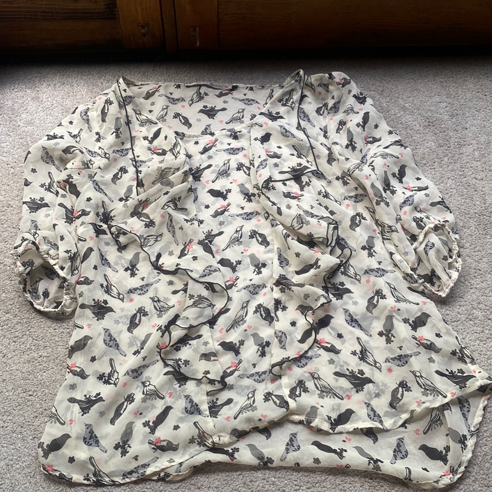 flowy sheer blouse with bird pattern